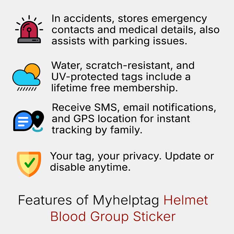 features of myhelptag helmet blood group sticker